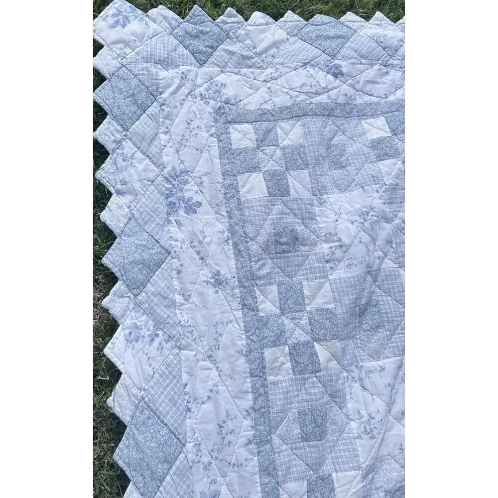 Vintage Laura Ashley Blue White Patchwork Quilt Full Queen 2 Shams 1990s